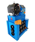 Top Shelf Heavy Duty Electric Hydraulic Hose Crimper With Precision Micrometer Scale and Thirteen Die Sets showing die storage and control panel.