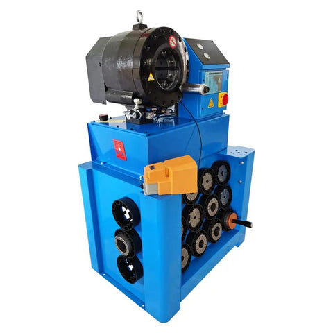 Top Shelf Heavy Duty Electric Hydraulic Hose Crimper With Precision Micrometer Scale and Thirteen Die Sets showing die storage and control panel.