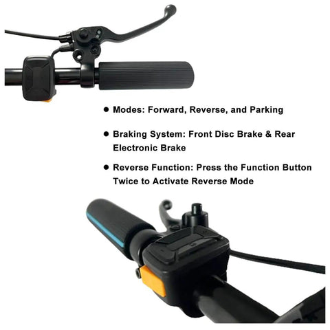 Image of Foldable Electric Golf Scooter With Comfortable Seat And Umbrella Holder controls showing braking system and modes.