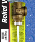 Front view of Rheem SP12574 small temperature and pressure relief valve, brass body with discharge tube.