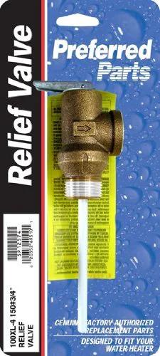 Front view of Rheem SP12574 small temperature and pressure relief valve, brass body with discharge tube.