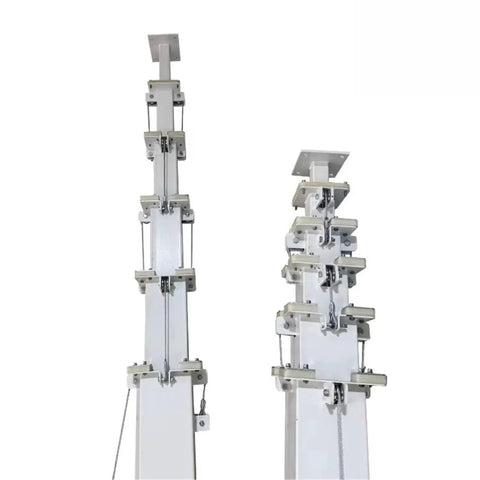 Four To Seven Meter Heavy Duty Telescopic Lighting Mast That Crushes Heights For Video Shoots And Beacon Jobs Featuring Dead Simple Hydraulic Raises And A Bulletproof Universal Flange Mount Base with visible hydraulic mechanism.