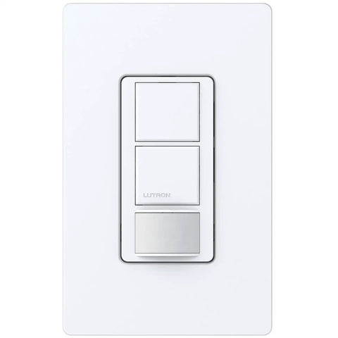 Maestro 6 Amp Dual Circuit Occupancy Sensing Switch For Single Pole Install, White Finish, shown front view with push button.
