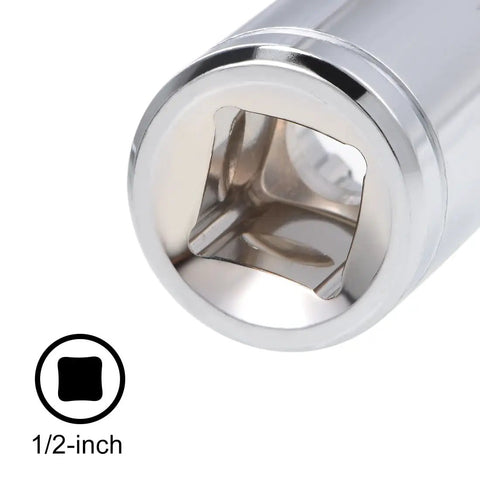 Close-up of One Half Inch Drive E15 Universal Spline Socket Shallow 12 Point Chrome Vanadium Steel with knurled grip and detent lock