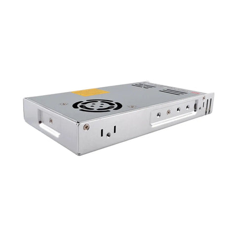 Rock Solid 350W Switching Power Supply 36V 9.7A Enclosed Industrial Adapter side view showcasing metal casing and cooling fan.