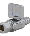 Close-up of a chrome-plated lead-free brass shut-off valve, part of the Twenty Pack 1/4 Turn Straight Shut Off Valve 3/8 Inch Compression X 1/2 Inch PEX.