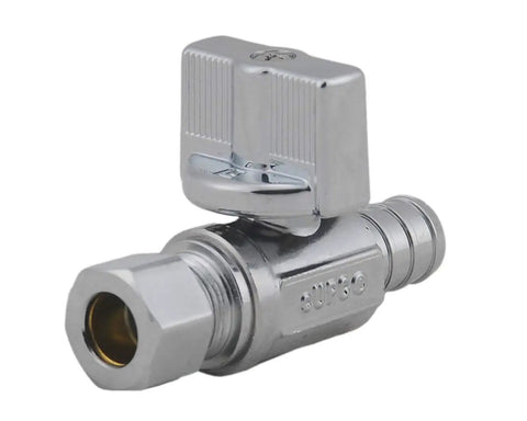 Close-up of a chrome-plated lead-free brass shut-off valve, part of the Twenty Pack 1/4 Turn Straight Shut Off Valve 3/8 Inch Compression X 1/2 Inch PEX.