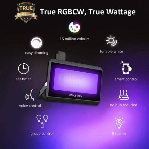 Two Pack 20W Smart LED Flood Lights With RGBCW 2700K-6500K Dimmable Outdoor Stage Lighting IP66 Waterproof Wall Washer, 2000 Lumens, WiFi Enabled, Works With Alexa, Multicolor Flood Lamps shown with lighting features.