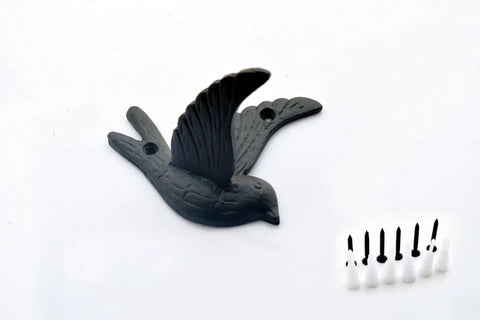Straight Up Solid Cast Iron Flying Bird Wall Hooks Set Of 5 Rustic Farmhouse Coat Pegs For Entryway Bathroom Bedroom To Snag Keys Towels Hats And Bags With Screws black cast iron bird hook with mounting holes and screws