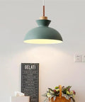 11inch Wood Pendant Light,Retro Wooden Hanging for Kitchen Island, matte green metal lampshade and wooden accent in modern decor.