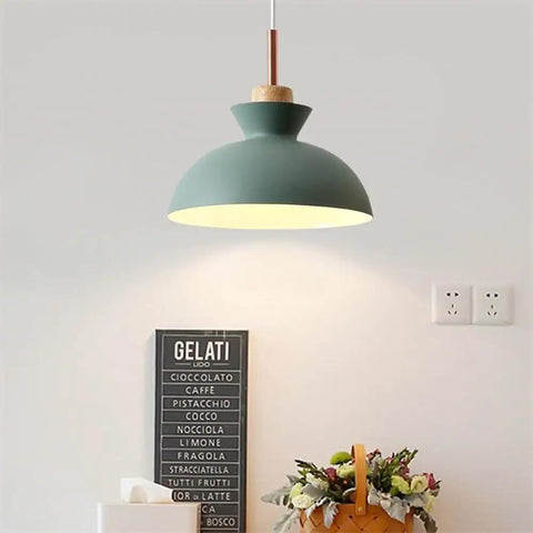 11inch Wood Pendant Light,Retro Wooden Hanging for Kitchen Island, matte green metal lampshade and wooden accent in modern decor.