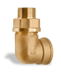 Brass pipe elbow adapter, 3/4 in male to 1 in female NPT, front view