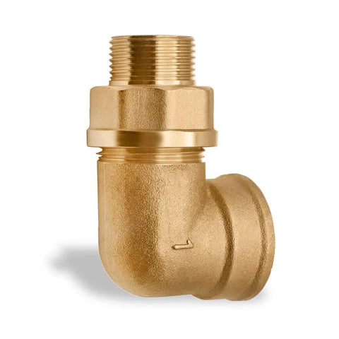 Brass pipe elbow adapter, 3/4 in male to 1 in female NPT, front view