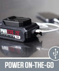 20V Brushless Power Tool Combo Kit With Drill Driver Reciprocating Saw Oscillating Multi Tool Bluetooth Speaker Sander Spotlight And Fast Charger showing PWRCORE 20 lithium battery charging.