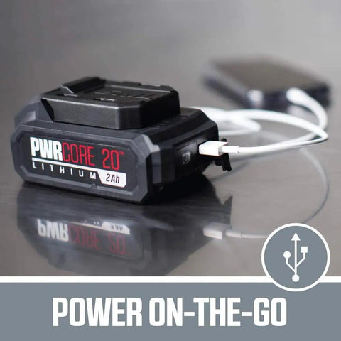 20V Brushless Power Tool Combo Kit With Drill Driver Reciprocating Saw Oscillating Multi Tool Bluetooth Speaker Sander Spotlight And Fast Charger showing PWRCORE 20 lithium battery charging.