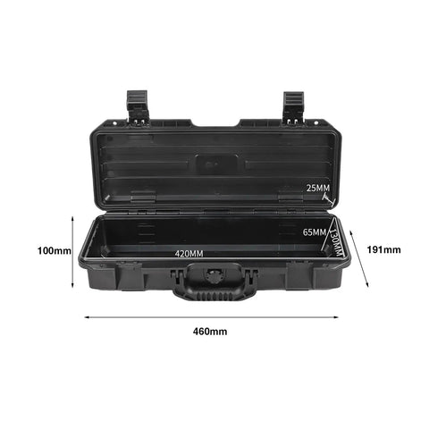 Open black Waterproof Multi Tool Box Organizer With Lockable Lid showing dimensions and storage space for tools and parts.
