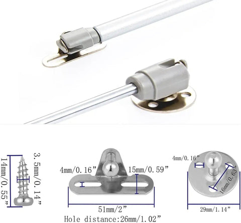 Heavy Duty Silver Gas Struts For Cabinets With 40N 9Lb Hydraulic Lift Supports showing detailed mounting hardware dimensions and features.