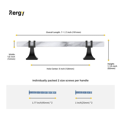 Dimensions and size details of Marble Drawer Pulls and Knobs 10 Pack White Marble and Black 5 Inch Hole Center T Bar Hardware.