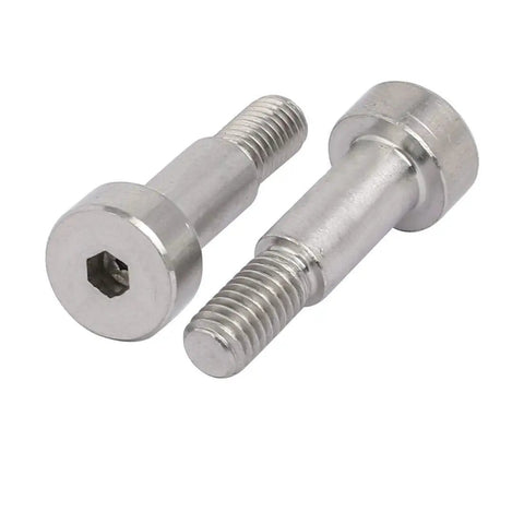 Beefy 10 Pack 304 Stainless Steel Hex Socket Shoulder Bolts Set, 6mm Shoulder Diameter, M5 Thread Hex Drive Silver Tone, two bolts shown