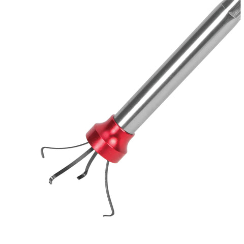 Close-up of 40 Inch Retractable 4 Claw Magnetic Grabber Tool with steel claw and anodized aluminum head, angled view.