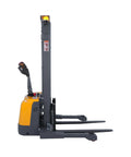 ApolloLift Fully Powered Electric Stacker With Straddle Legs offers 3300 lb capacity and 118 inch max lift height side view.
