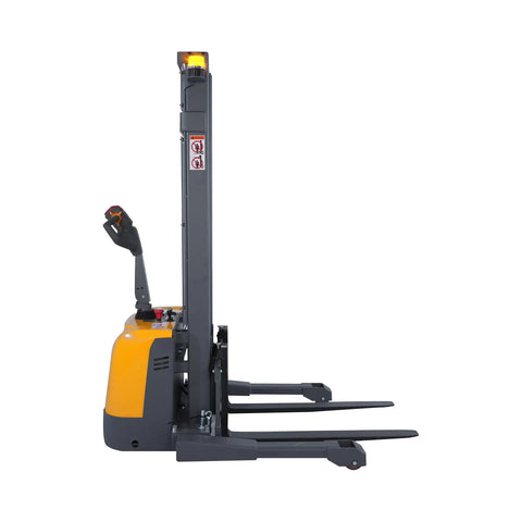 ApolloLift Fully Powered Electric Stacker With Straddle Legs offers 3300 lb capacity and 118 inch max lift height side view.