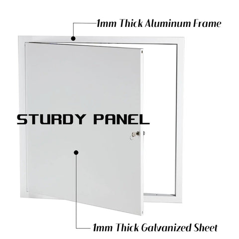 Heavy Duty Steel Access Panel With Locking Key For 24 Inch Drywall Cutout Ceiling And Attic Hatch Two Pack, showing open panel with locking key.