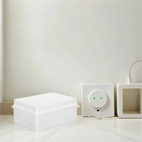 Cool 13 Piece I P65 Waterproof Junction Box Kit For Electrical Projects on a white surface with electrical outlet nearby.
