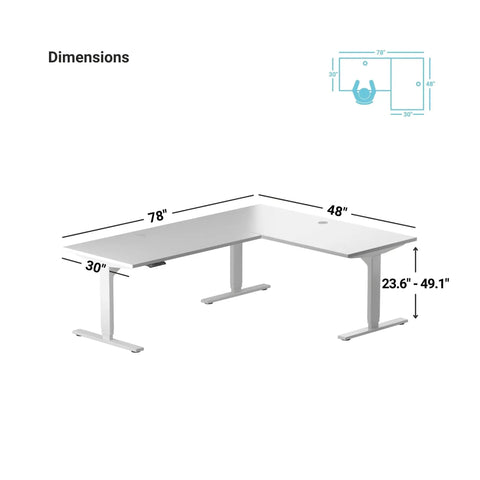 Level Up Electric Height Adjustable L Shaped Corner Standing Desk 78 X 48 Inch dimensions illustration with height range.