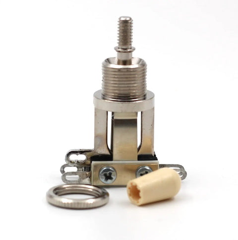 3 Way Toggle Guitar Switch With Cream Tip For Les Paul Style Guitars Easy Soldering Pre Tin Nickel Plated Durable Build Fits Epiphone And Narrow Body Les Pauls No Fuss Quick Swaps For Semi Hollow And Solid Body Electric Guitars, with cream tip and nickel-plated frame