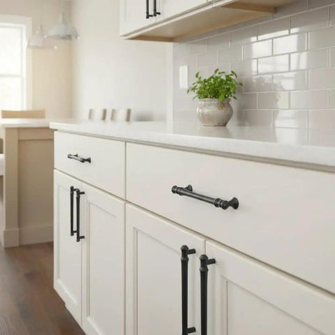 Heavy Duty Matte Black Cabinet Pulls And Handles 10 Pack With 3 Inch Hole Centers For Kitchen Drawers And Cupboards on white cabinetry.