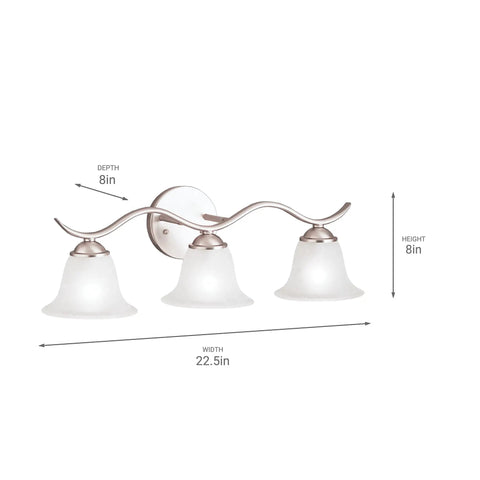 Side view of Dover 22.5-Inch Three-Light Vanity Light With Etched Seeded Glass And Brushed Nickel Finish, width and height labeled
