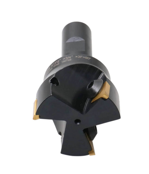 Accusize indexable end mill with three TPg32 carbide inserts, 2-inch cutting diameter, 3/4-inch straight shank, front view