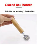 Hand holding Pro Grade Box Resizer Tool with glazed oak handle and high precision bearing roller for smooth scoring and resizing.