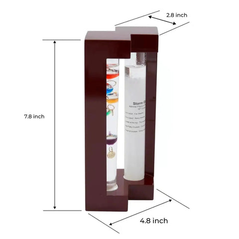 Side view of Cool Indoor Weather Station With Glass Galileo Thermometer And Five Multicolor Balls From 64F To 80F, Storm Glass Inspired Weather Predictor, Elegant Cherry Wood Frame