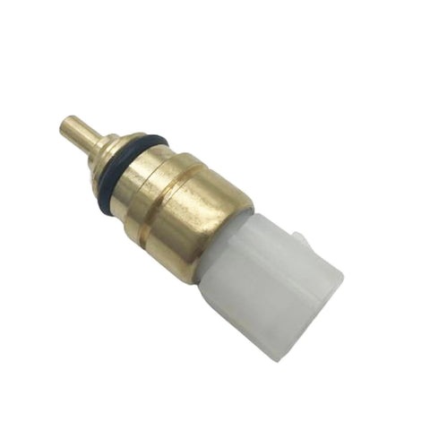 Engine coolant temperature sensor, side view; brass body with white plastic connector and black O-ring