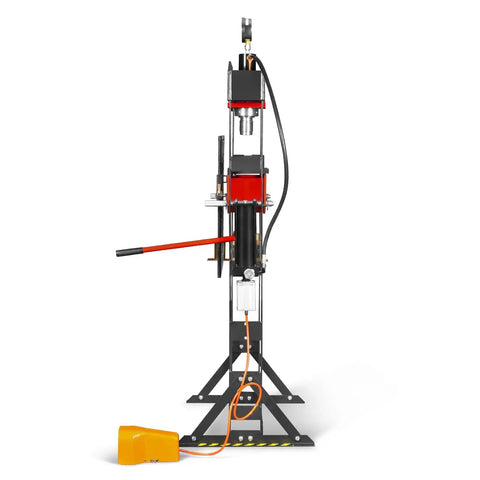 Built Tough 20 Ton H Frame Shop Press With Air And Hydraulic Power, Fully Welded Steel Frame, Safety Guard, Foot Pedal Control, And Movable Ram Head For Easy, Precise Pressing HSP20 front view with foot pedal and hose