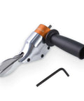Turn Any Drill Into A Metal Cutting Beast With A 360 Degree Pivoting Shear Attachment shown with adjustable handle and hex key