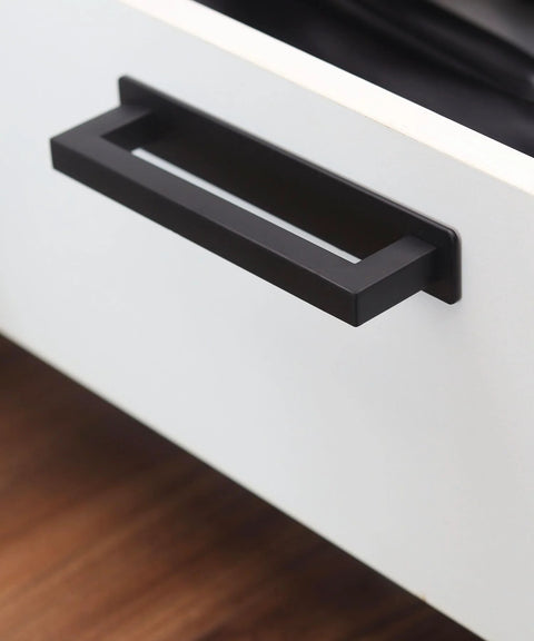 2 Pack Adhesive Cabinet Handles 6 Inch Self Stick Drawer Pulls No Drill Easy Peel And Stick Mount for a drawer, black, installed