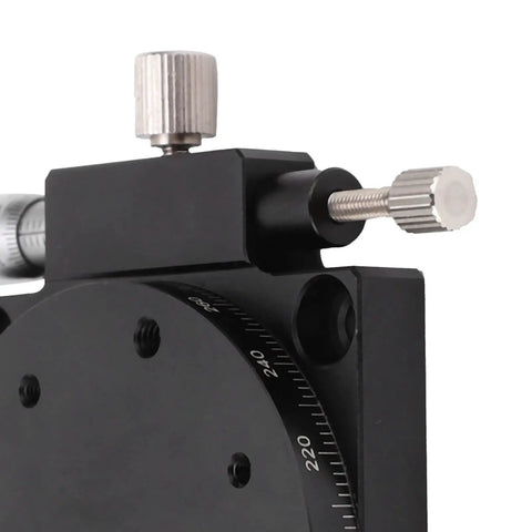 Close-up of Beefy Manual Displacement Platform With R Axis Rotating Linear Stage showing micrometer drive and rotating dial.