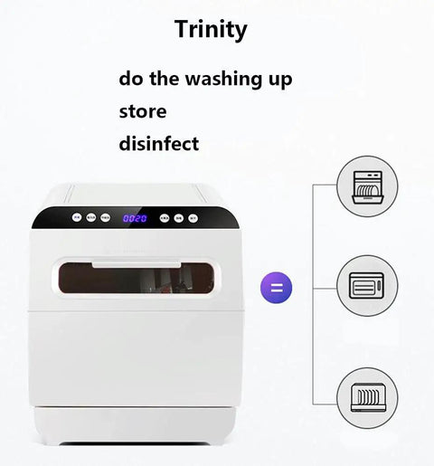 Hassle Free Countertop Dishwasher Plug And Play Installation Free Automatic Mini Washer Dryer Killer Sanitization Spacious Storage Slick Compact Kitchen Essential compact dishwasher with digital control panel.