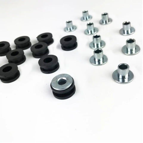 Grommets Rubber Shock Absorbing Cushion Kit For Motorcycles, Anti Scratch Protective Gasket Set With Rubber Buffers To Prevent Friction Damage, Extend Lifespan Of Shell And Windshield Brackets, Built To Last And Weatherproof. Black rubber grommets and silver metal sleeves for motorcycle mounting
