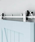 9.6Ft Top Mount Sliding Barn Door Hardware Kit In Satin Brushed Stainless Steel, installed on a door, showing track and rollers.