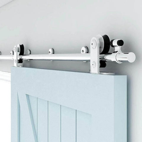 9.6Ft Top Mount Sliding Barn Door Hardware Kit In Satin Brushed Stainless Steel, installed on a door, showing track and rollers.