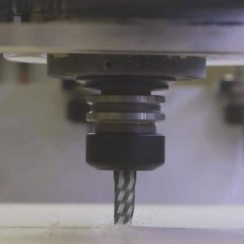 HQMaster 1/8 in upcut single-flute router bit, installed in CNC spindle