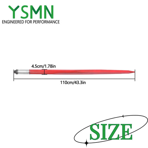 Beefy 43 Inch Hay Bale Spear Set, 3000 Lb Capacity, Heavy Duty Spring Steel with dimensions shown, bolt-on attachment view