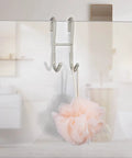 Drill Free Over Shower Glass Door Hooks 4 Pack In Polished Silver Made From SUS 304 Stainless Steel For Frameless Doors Up To Half Inch Thick With Rubberized Top And Bottom Protection For Bathing Suits Robes Towels Squeegees Loofahs Shavers on glass door holding loofah