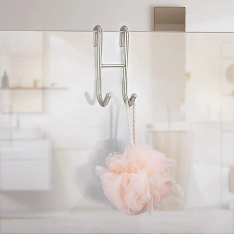 Drill Free Over Shower Glass Door Hooks 4 Pack In Polished Silver Made From SUS 304 Stainless Steel For Frameless Doors Up To Half Inch Thick With Rubberized Top And Bottom Protection For Bathing Suits Robes Towels Squeegees Loofahs Shavers on glass door holding loofah