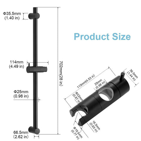 Shower Slide Bar 28 Inch Adjustable Distance From 19 To 27 Inches With 360 Degree Rotating Handheld Shower Head Holder Wall Mounted Matte Black Bathroom Upgrade, detailed dimensions and size view.