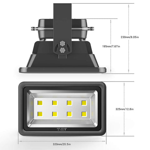 Dimensions and front view of Beast Mode Bright 400W Outdoor LED Flood Light with 40000 Lumen Output, 6000K Daylight White